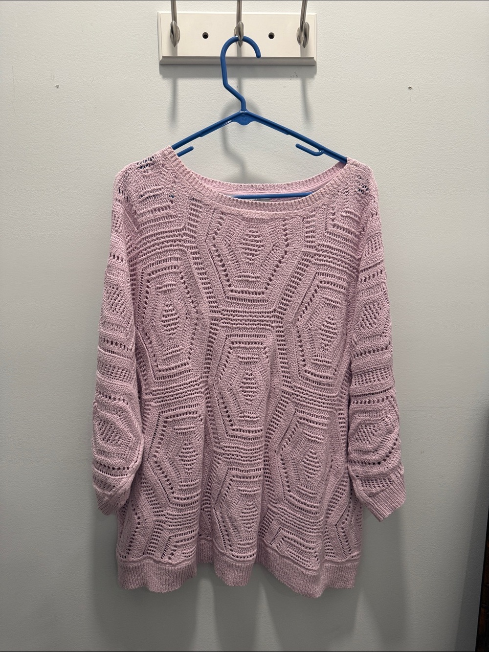 Open-Knit Crewneck Sweater - Light Pink.